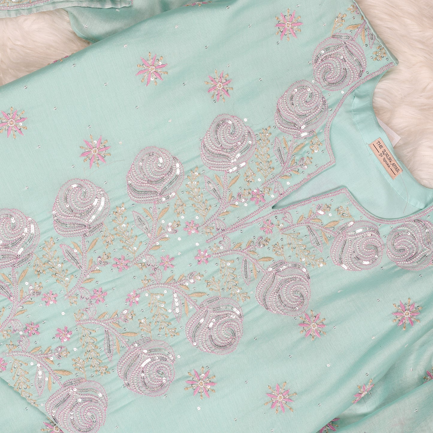Turquoise and Pink Chanderi Suit