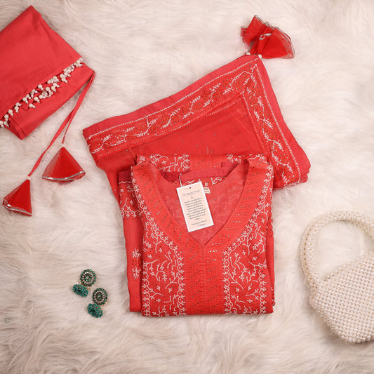 Red Chikankari Suit