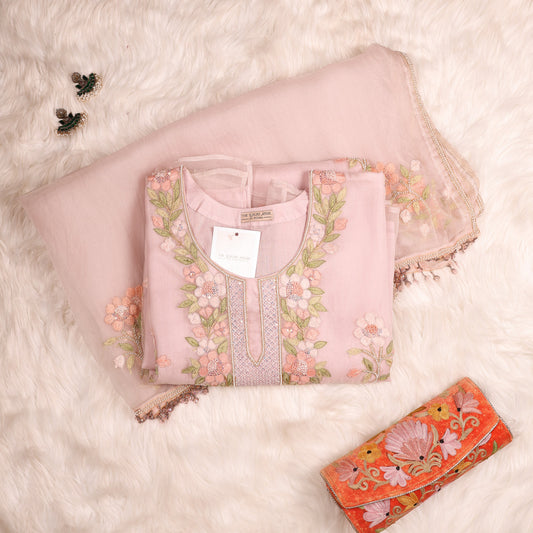 Pale Pink Organza Parsi Gara Chikankari Suit